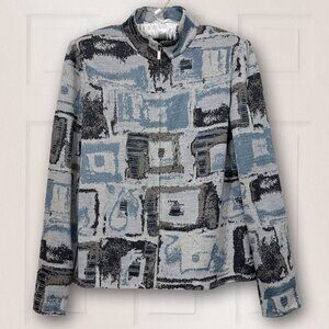 St John Womens Sweater Blue/Gray Abstract Pattern Zipper Wool Blend Knit Med.